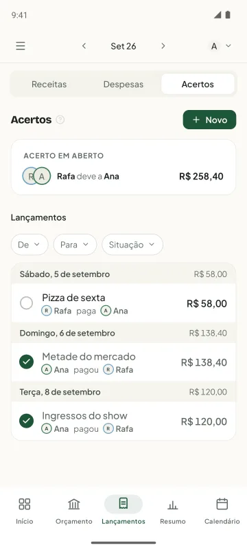 Acertos: quem deve a quem e cada lançamento entre as pessoas